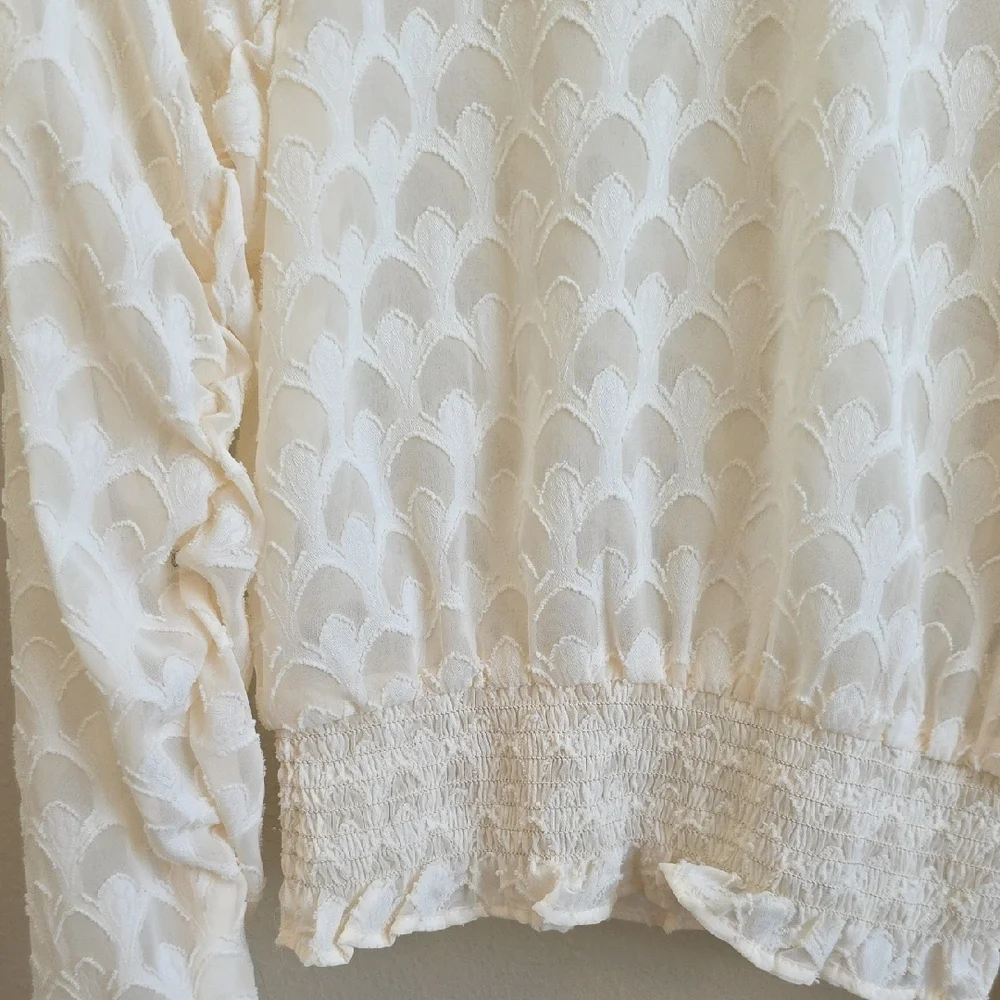 H&M Cream Sheer High Neck Victorian Ruffled Boho Mesh Blouse Top Size 4 Coquette